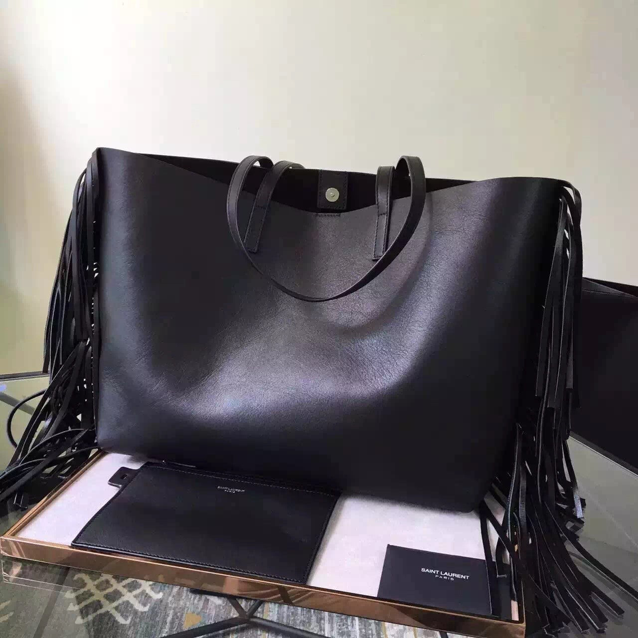 Yves Saint Laurent Black Large Shopping Bag With Fringed