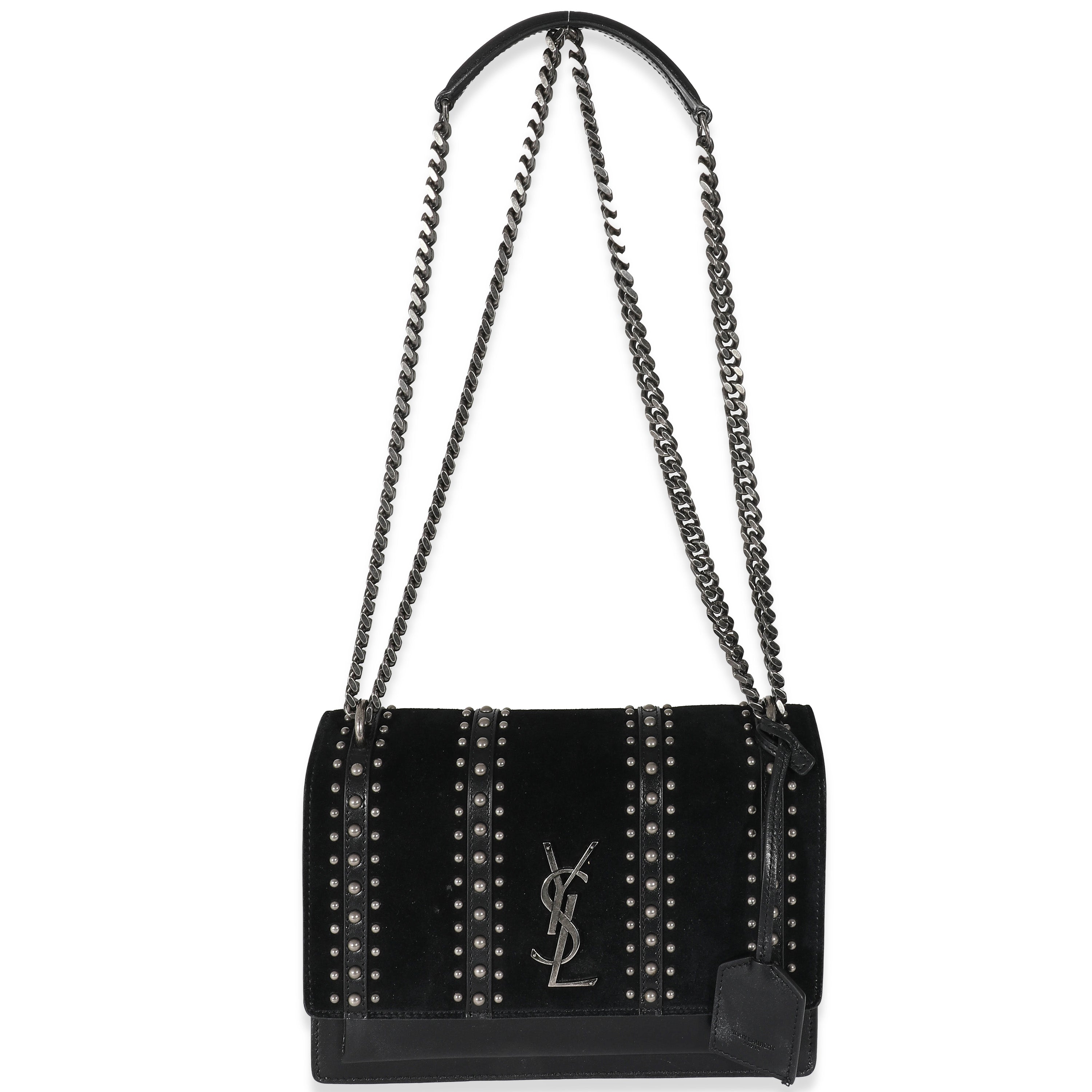 Saint Laurent Black Leather Suede Studded Sunset Bag