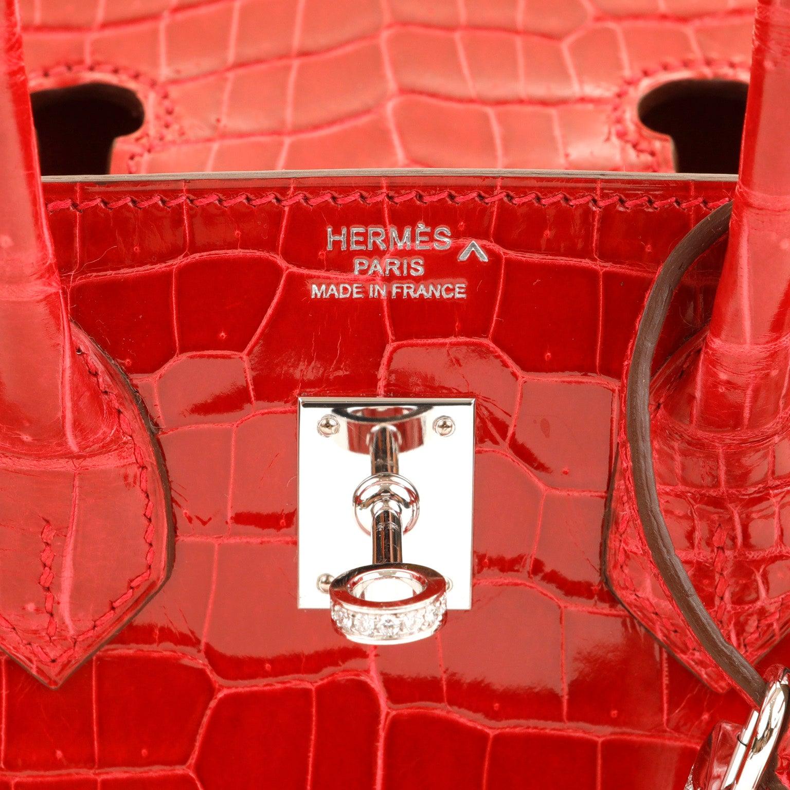 Hermes 25cm Braise Red Crocodile Birkin w/ Diamond White Gold Hardware