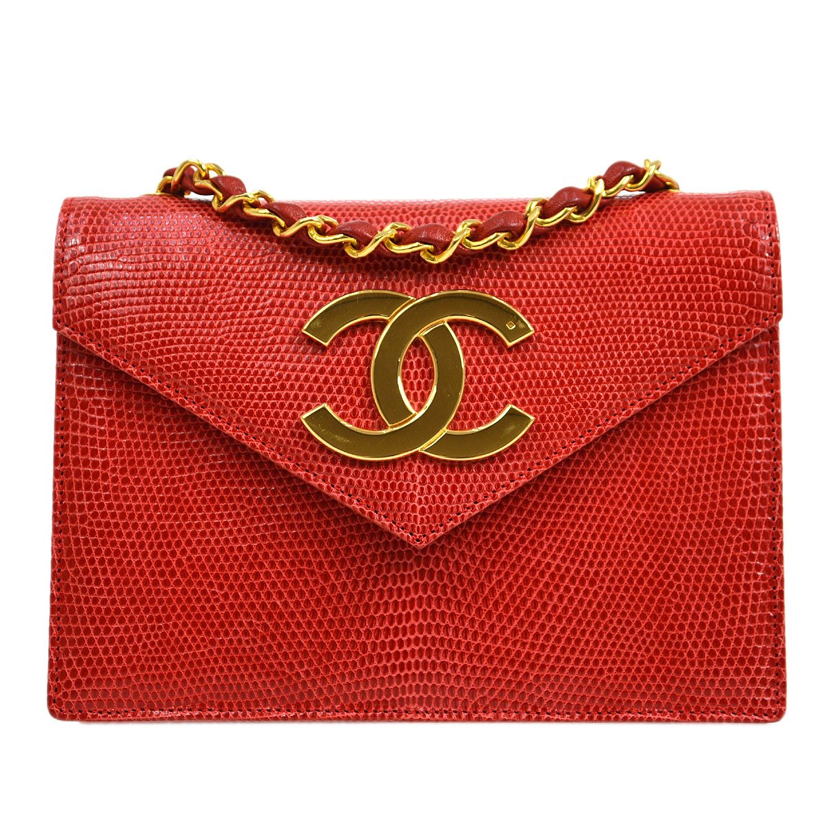 CHANEL * 1989-1991 Red Lizard Letter Flap Bag