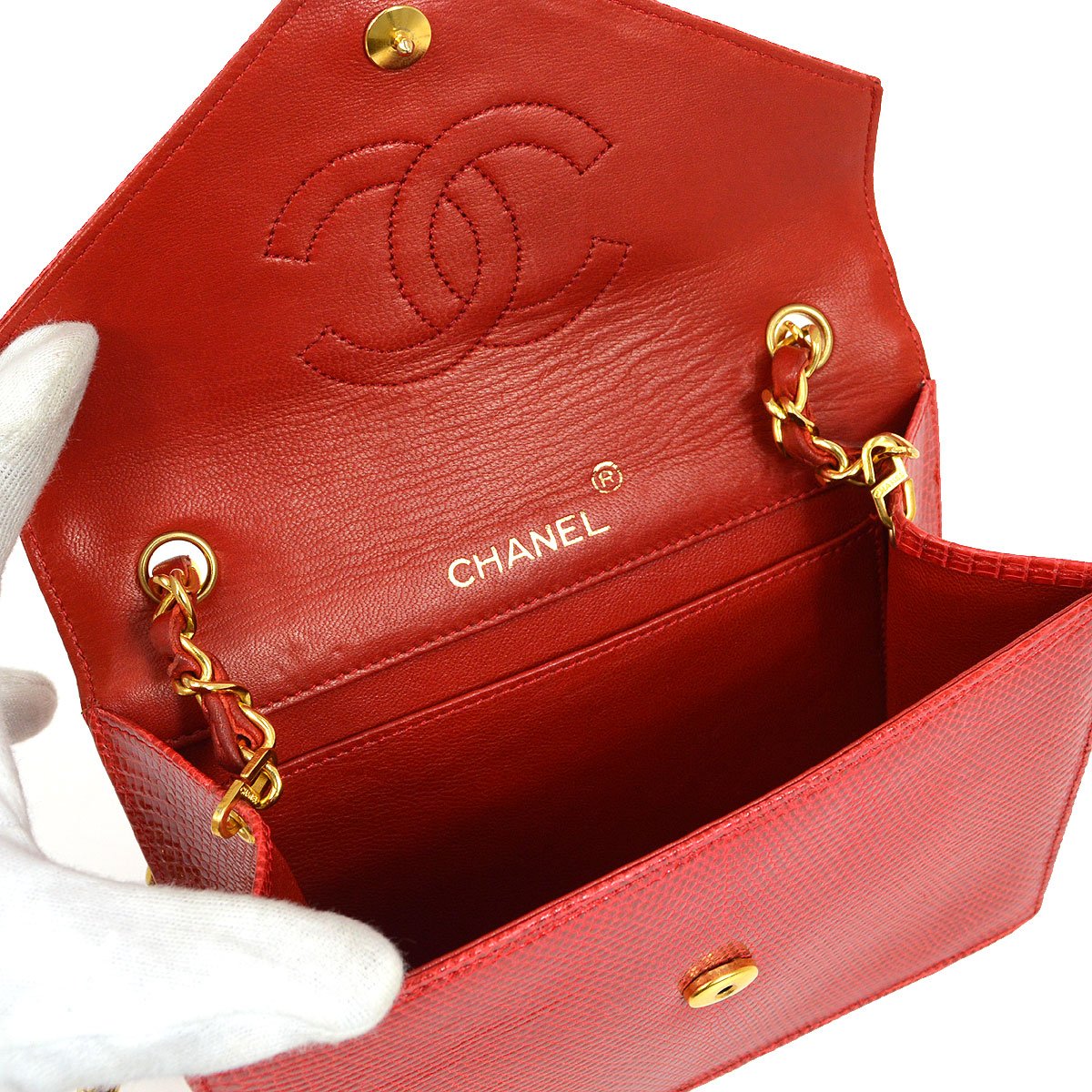 CHANEL * 1989-1991 Red Lizard Letter Flap Bag