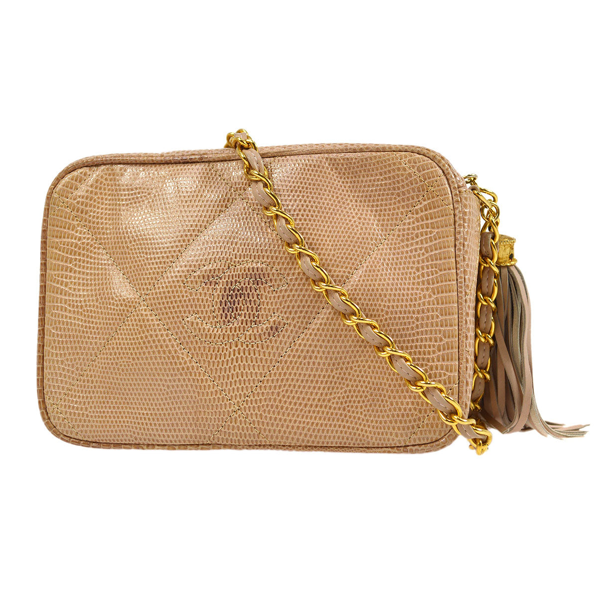 CHANEL * 1986-1988 Beige Lizard Diamond Camera Bag Mini