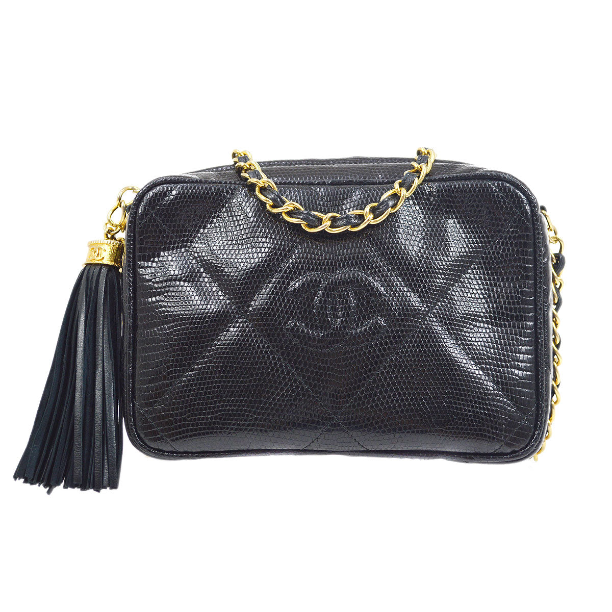 CHANEL * 1986-1988 Black Lizard Diamond Camera Bag Mini