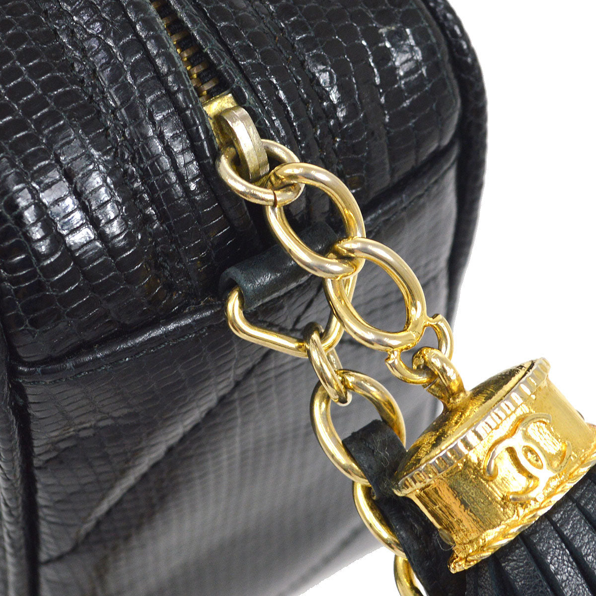 CHANEL * 1986-1988 Black Lizard Diamond Camera Bag Mini