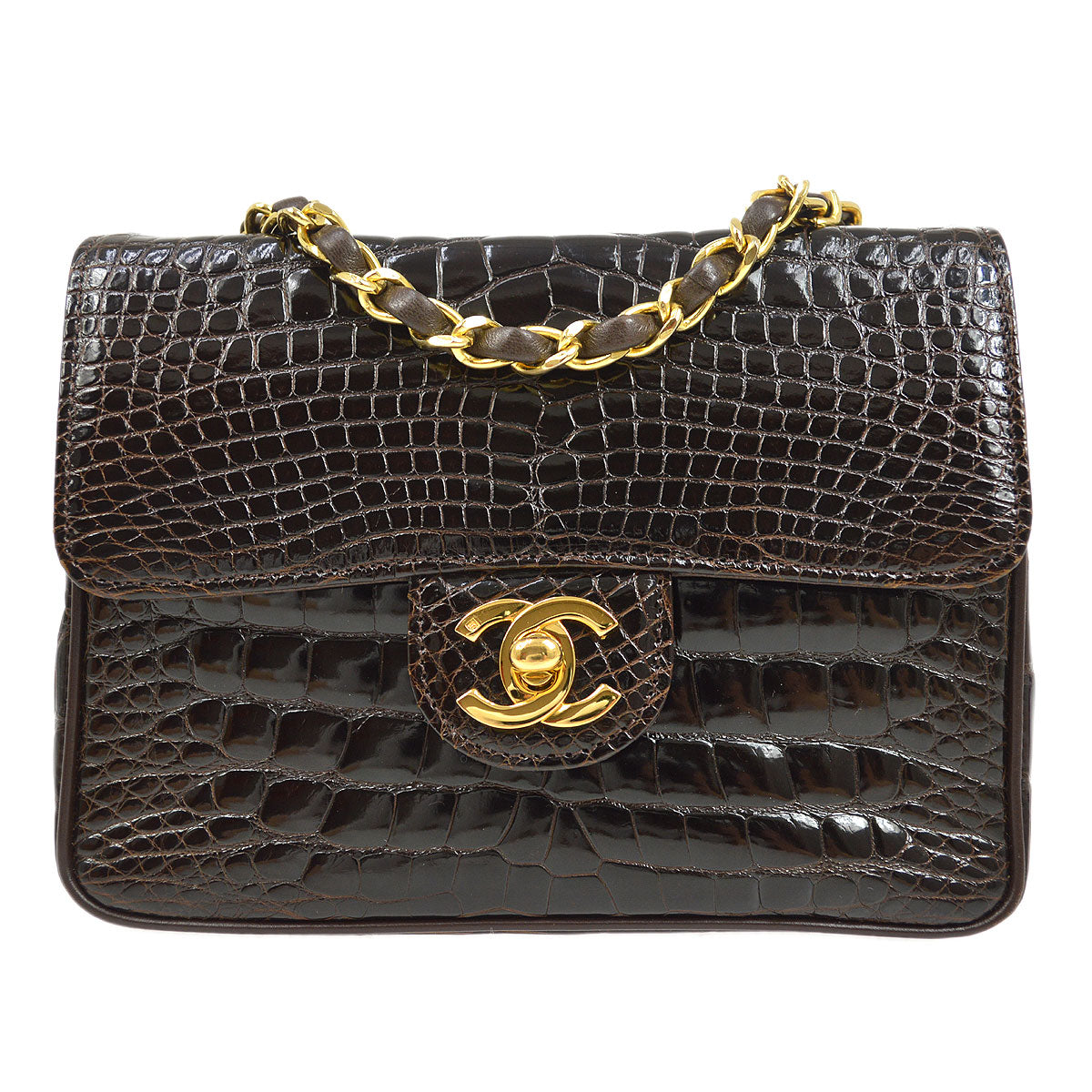 CHANEL * 1989-1991 Classic Square Flap 17 Brown Crocodile