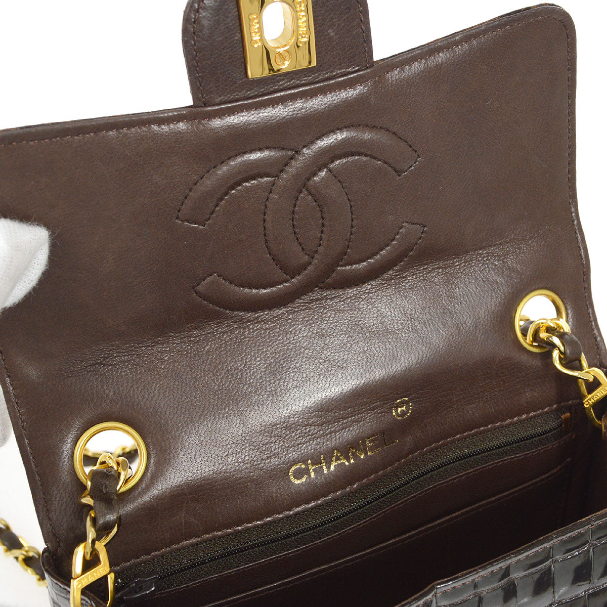 CHANEL * 1989-1991 Classic Square Flap 17 Brown Crocodile