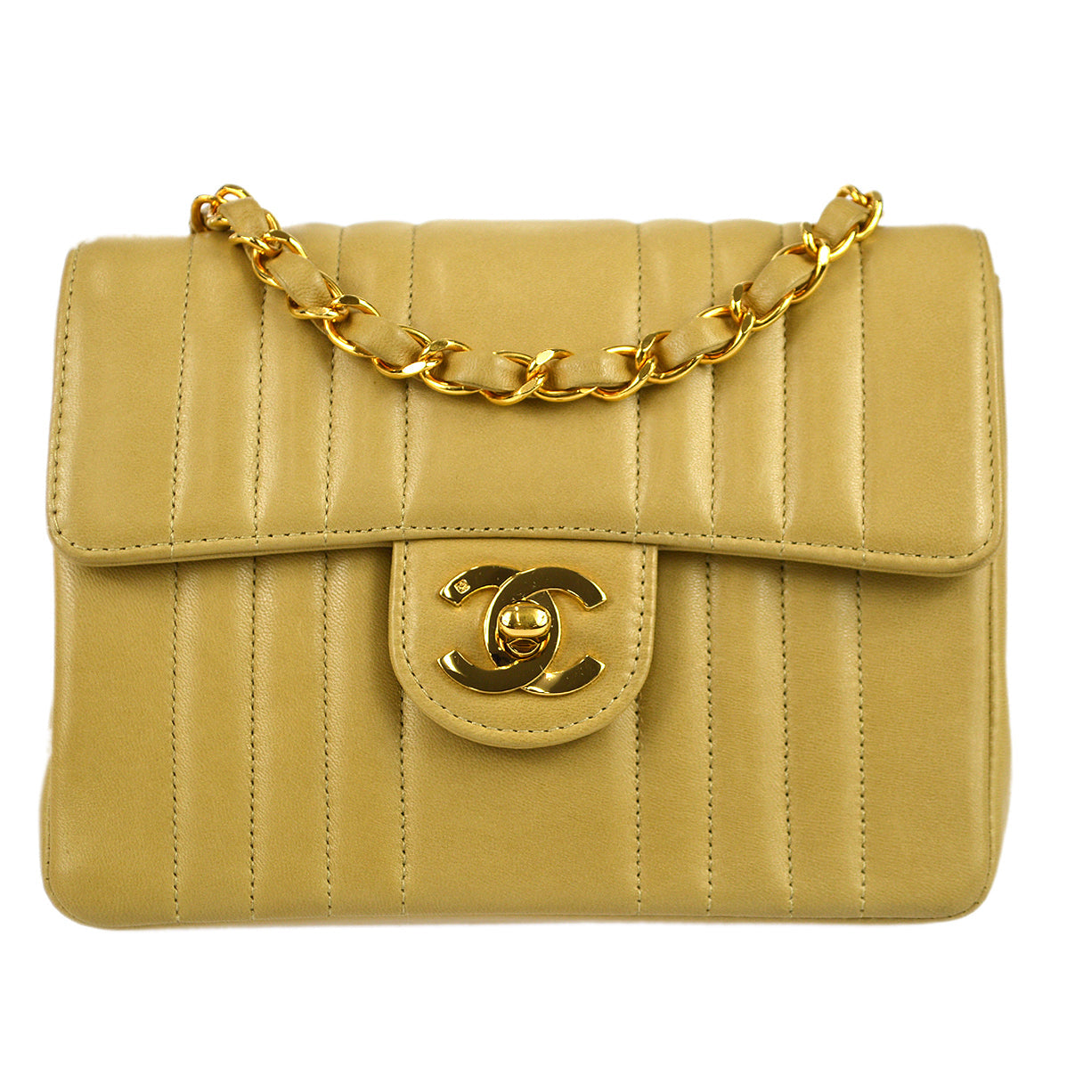 Chanel * 1991-1994 Beige Lambskin Mini Vertical Stitch Square Flap Bag 17