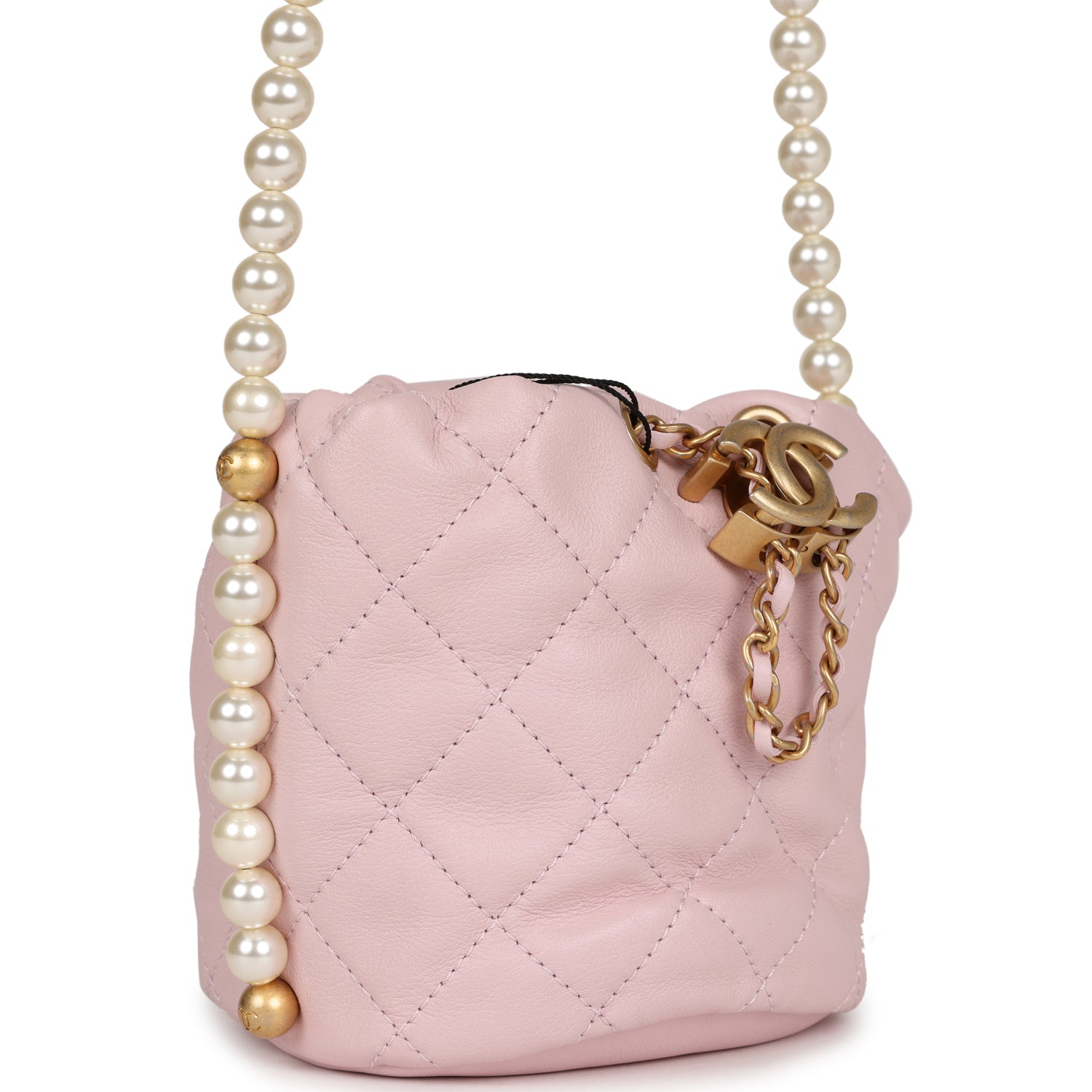 Chanel "About Pearls" Mini Drawstring Bucket Bag Pink Calfskin Brushed Gold Hardware