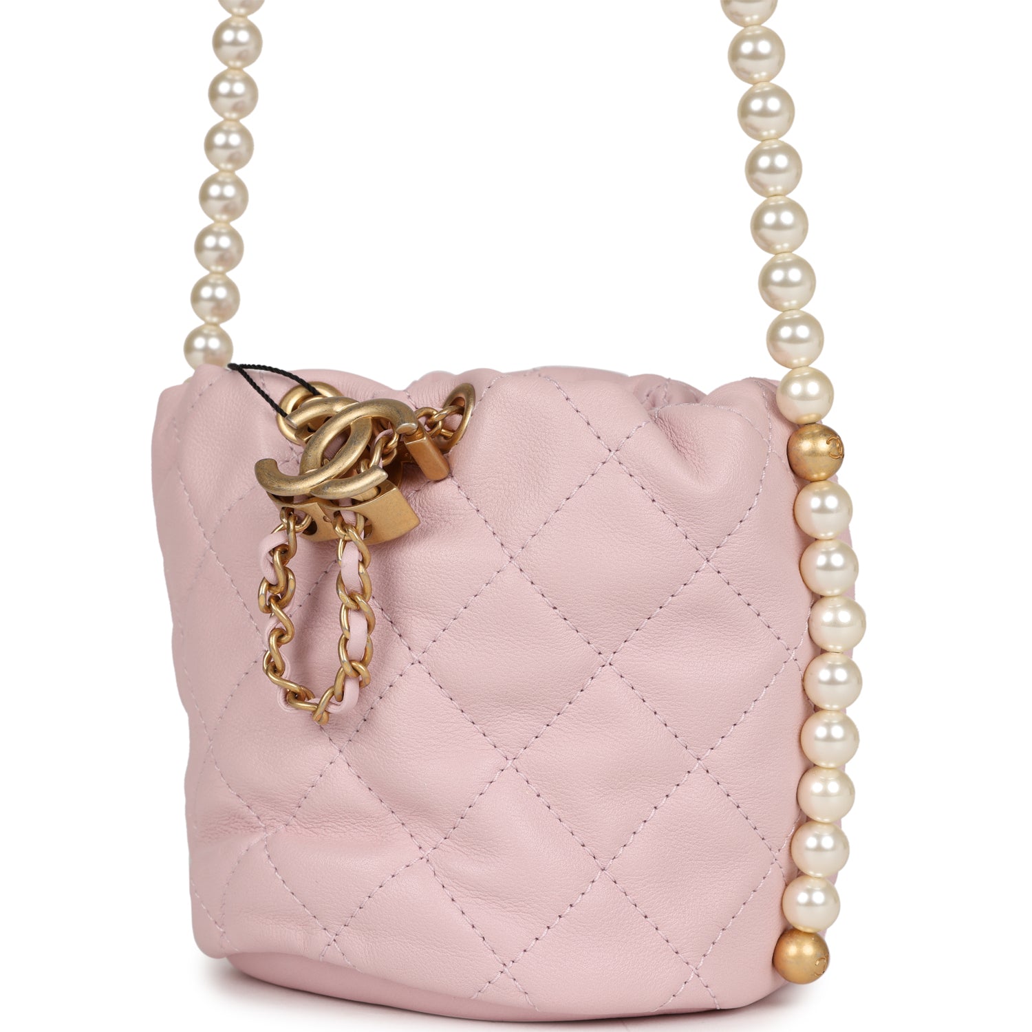 Chanel "About Pearls" Mini Drawstring Bucket Bag Pink Calfskin Brushed Gold Hardware