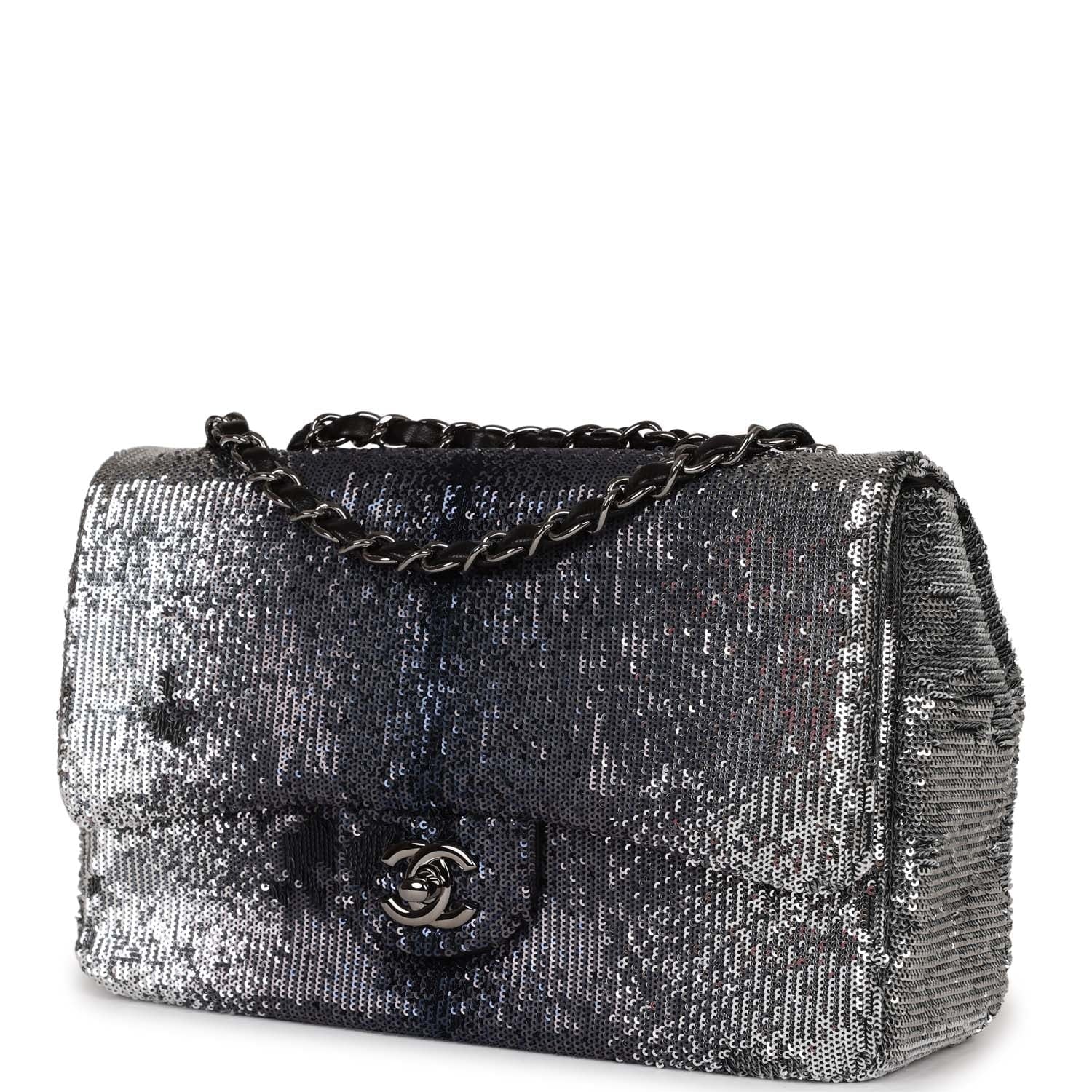 Chanel  bag Small Classic Flap Bag Black and Silver Sequins Silver Hardware