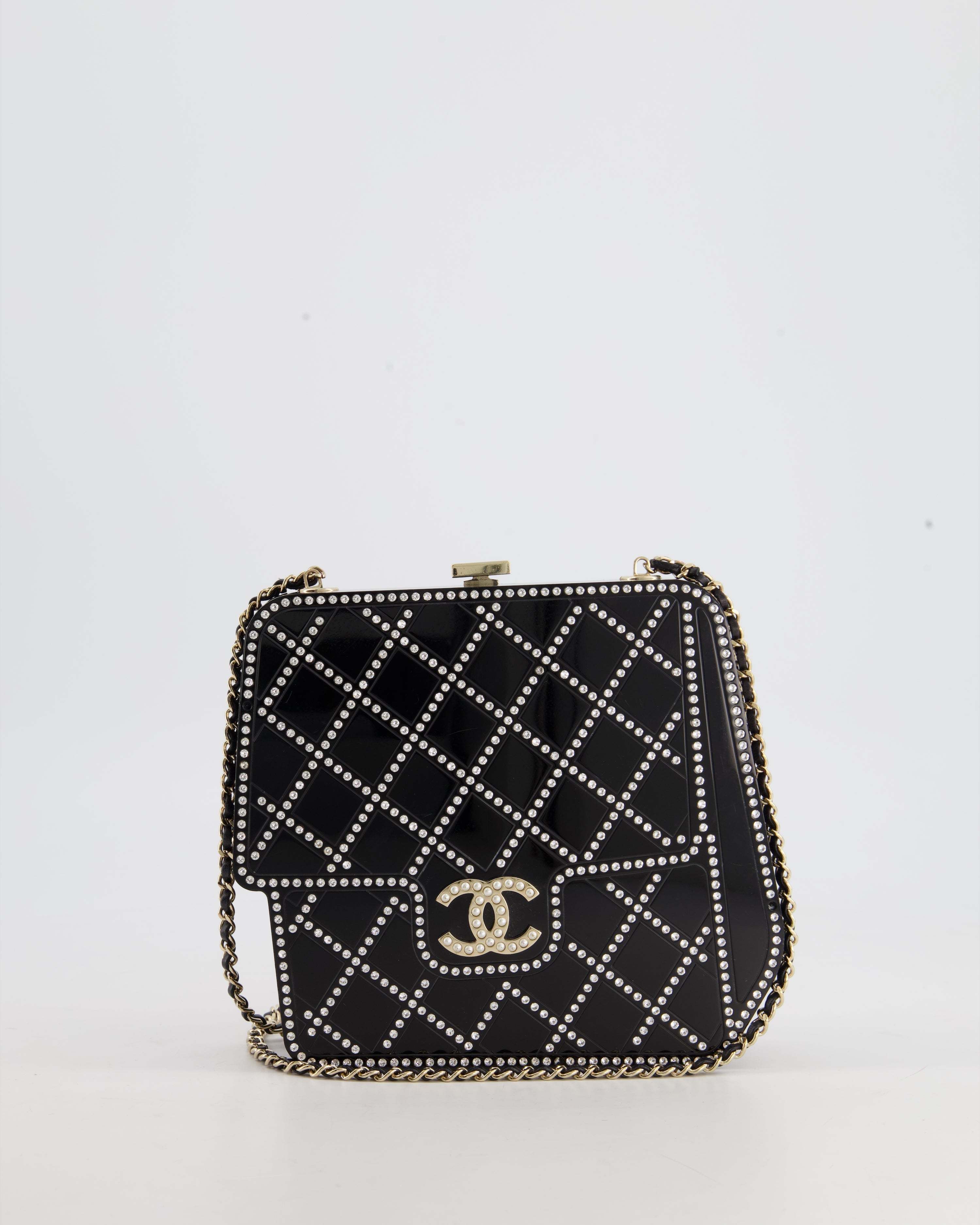 *COLLECTORS ITEM* Chanel Black Acrylic Crossbody Box Bag with Crystal with Pearl Embellishment and Champagne Gold Hardware