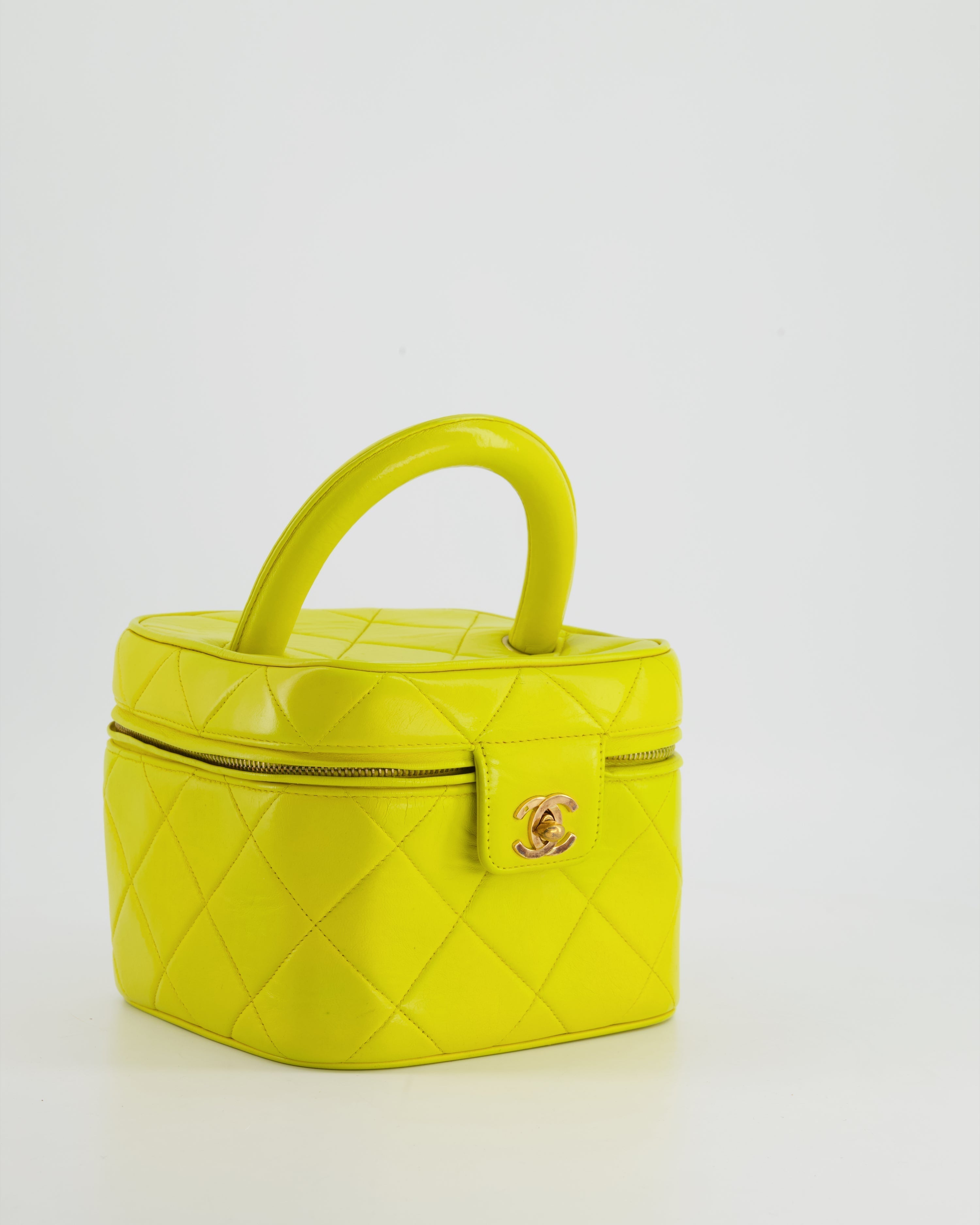 *ORIGINAL 90'S VINTAGE* Chanel Yellow Vintage Top Handle Vanity Bag in Lambskin Leather with 24k Gold Hardware