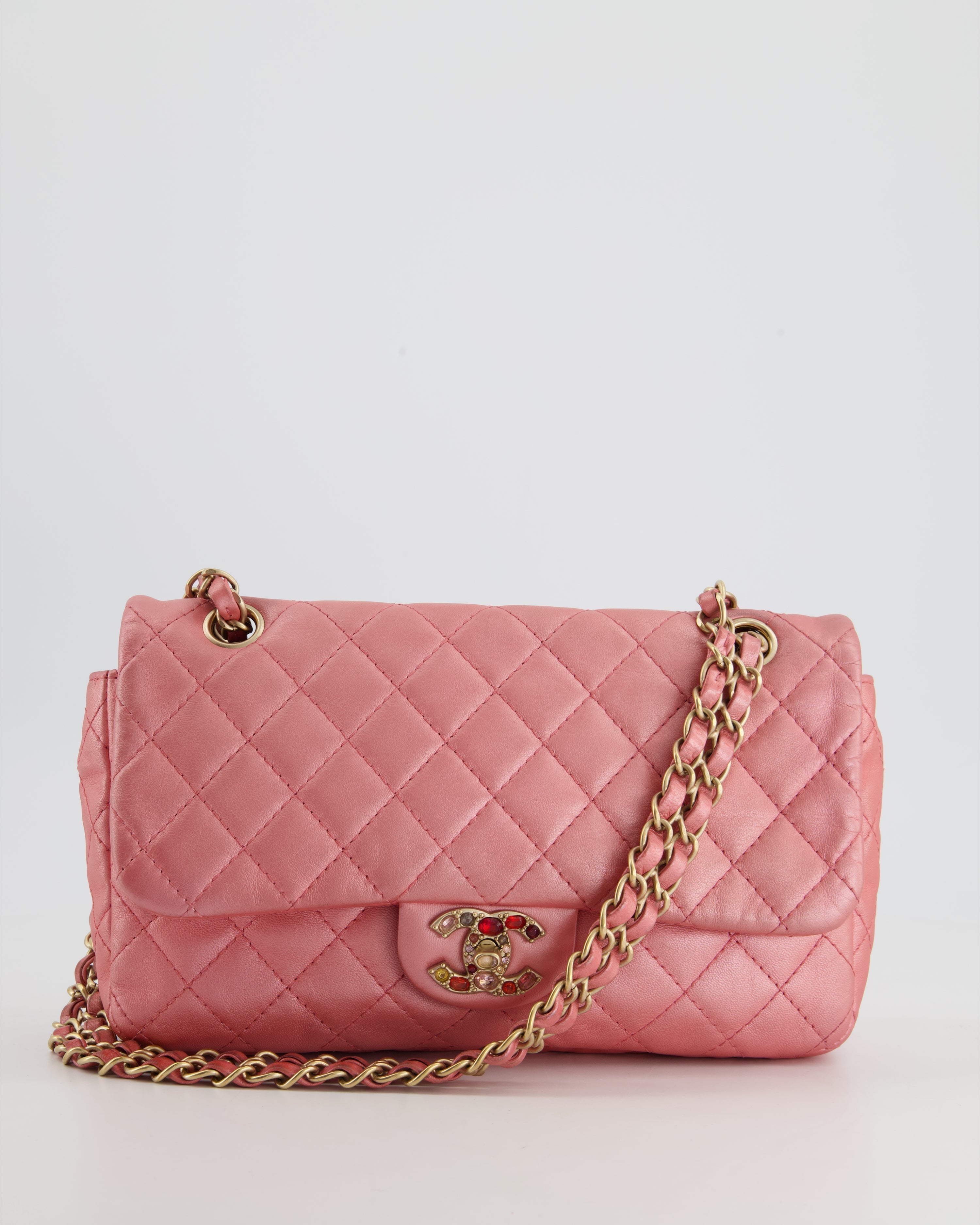 *LIMITED EDITION* Chanel Pink Metallic Single Flap Shoulder Bag in Lambskin Leather with Gold and Precious Stone Hardware