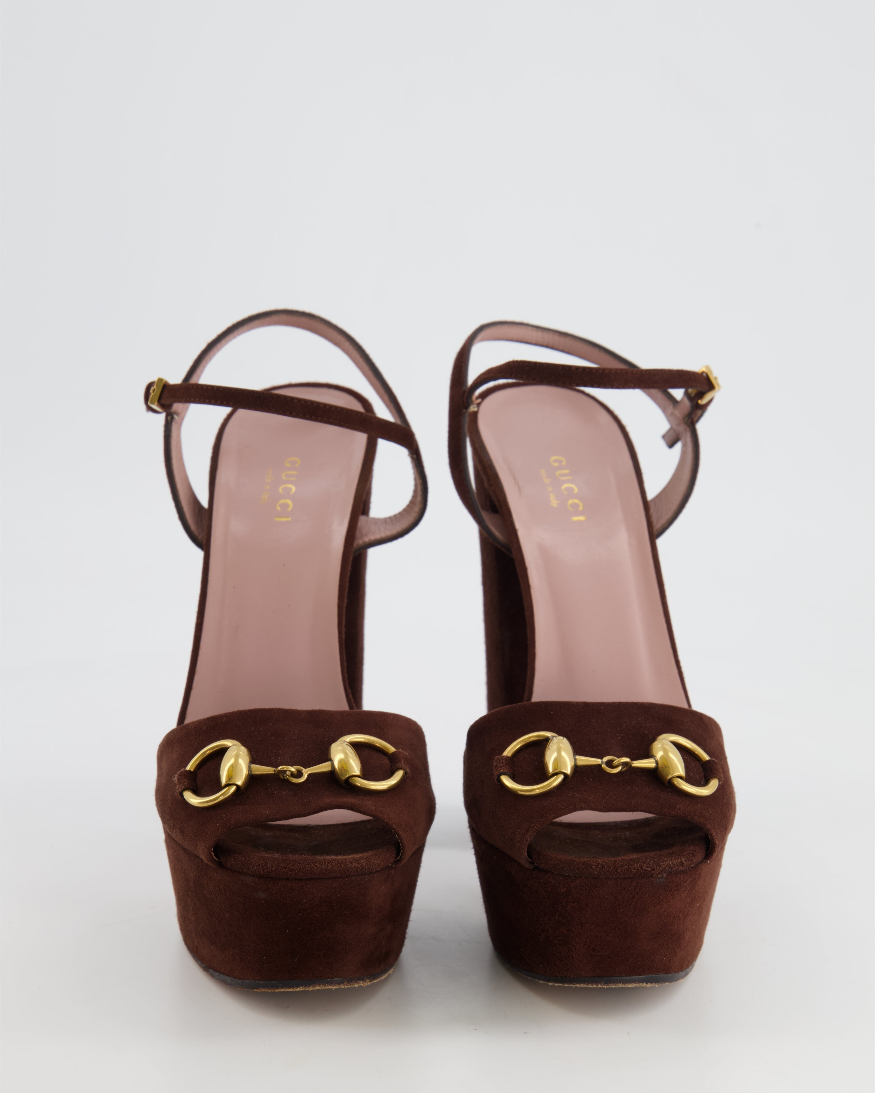 Gucci Chocolate Brown Suede Horsebit Platform Heels all  Size available