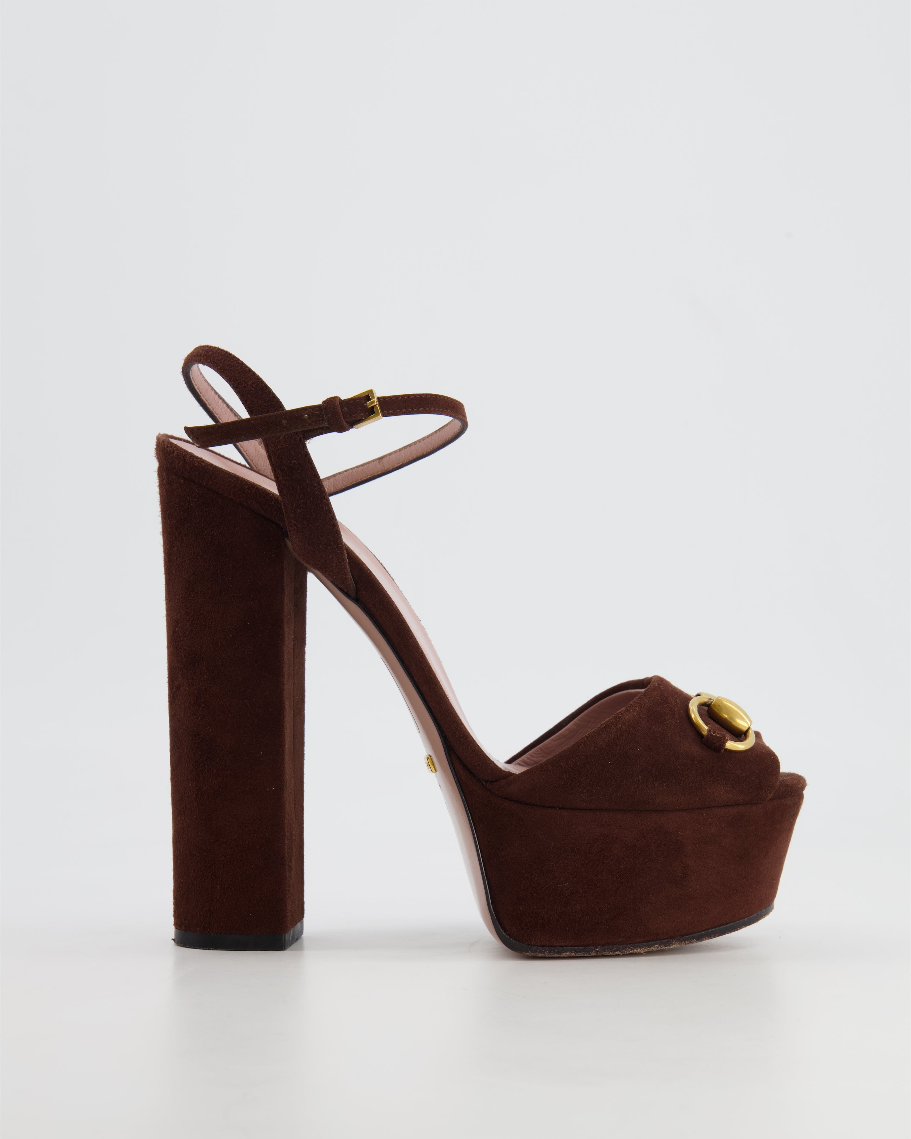 Gucci Chocolate Brown Suede Horsebit Platform Heels all  Size available