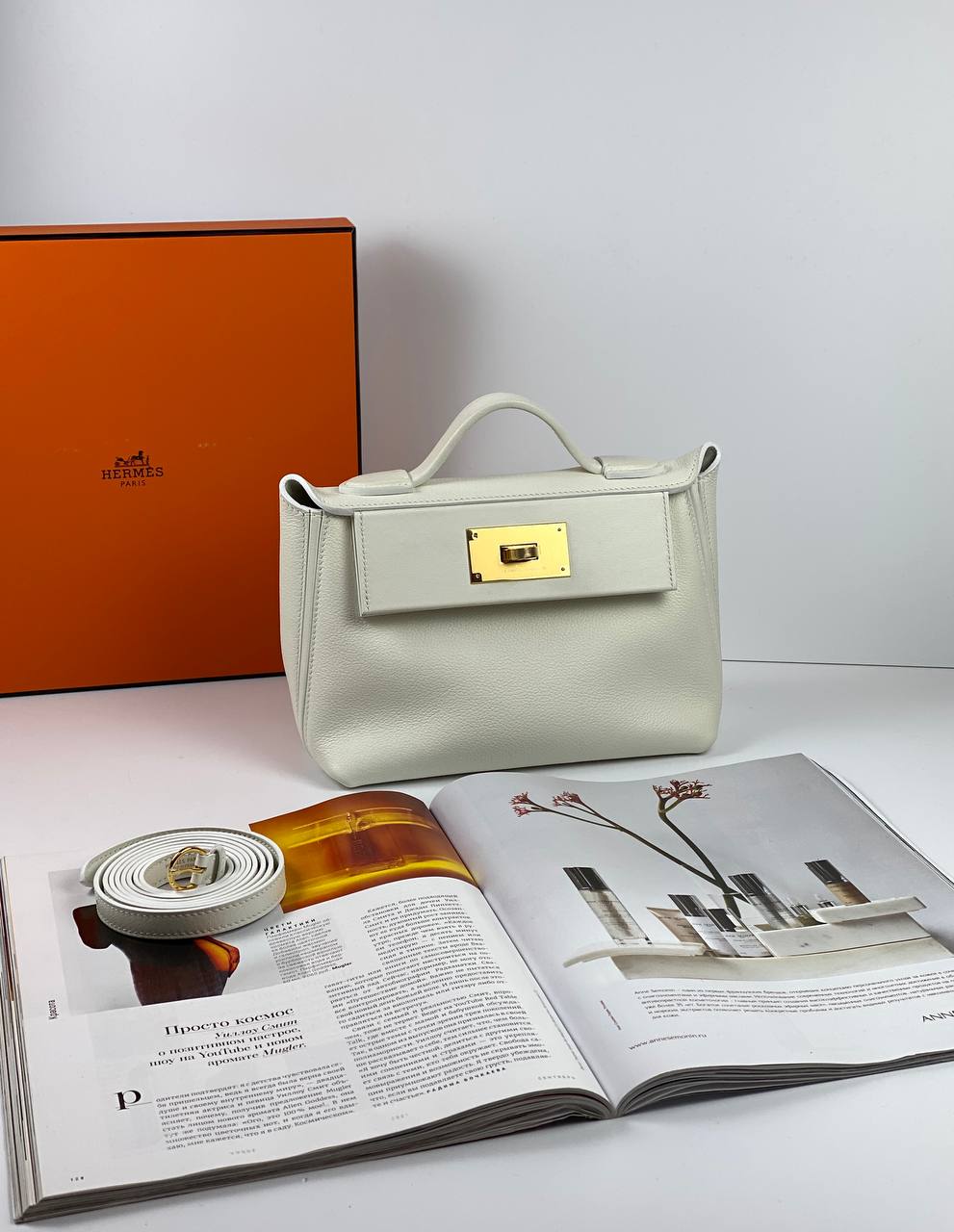 Hermes 24/24 Bag Evercolor with Swift 21  white Gold Hardware